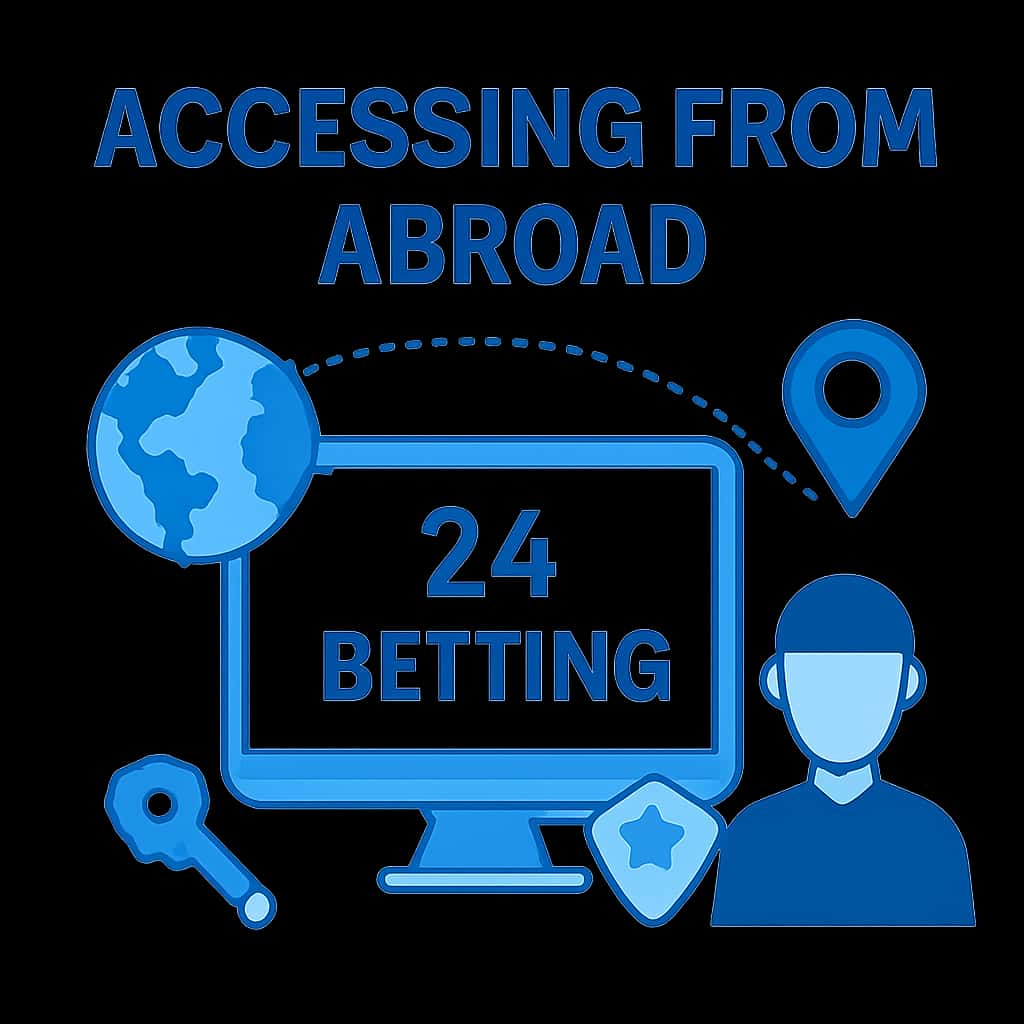 An educational diagram illustrating steps to access 24 Betting from abroad.