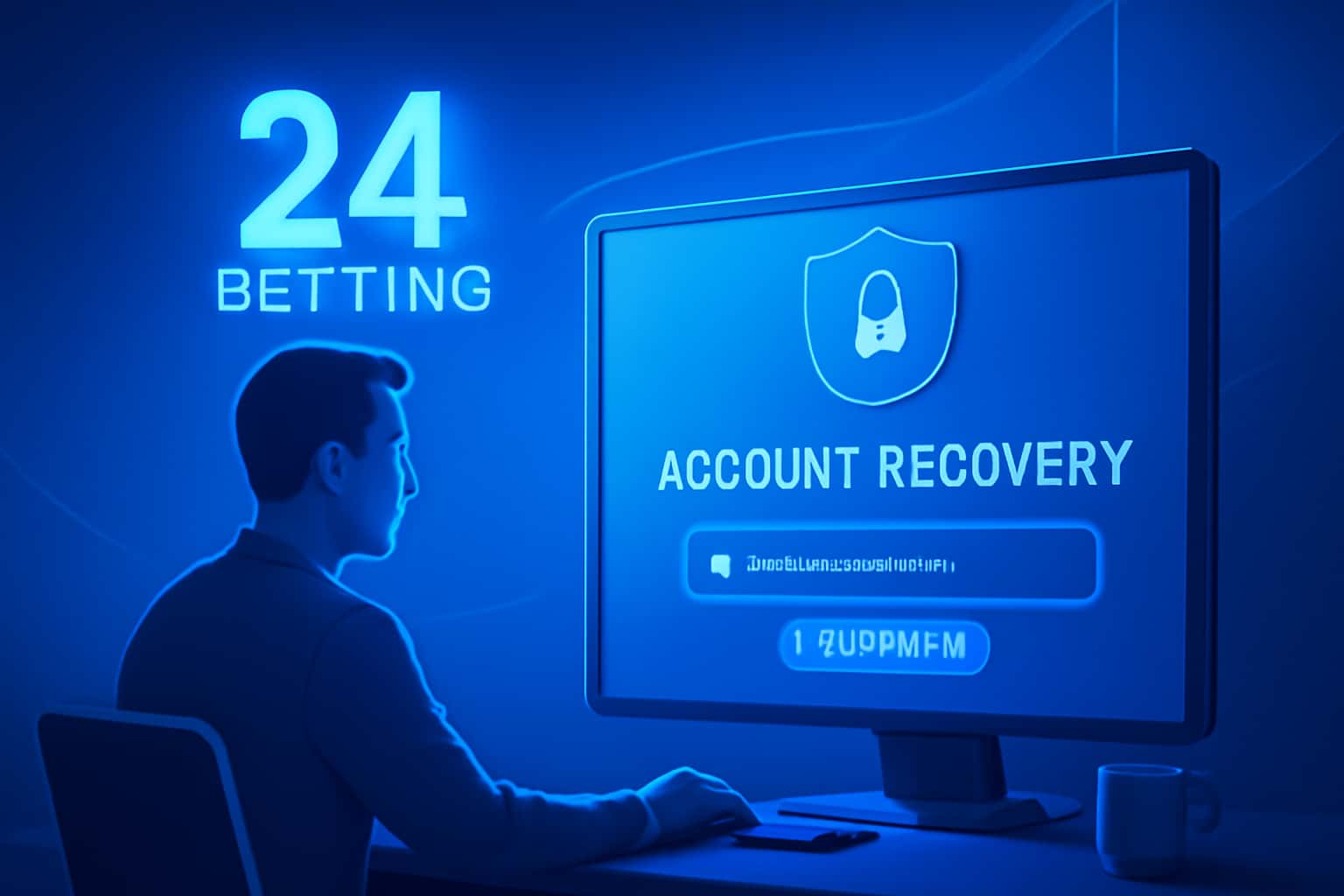 An infographic illustrating the account recovery process for 24 Betting, set in a tech-themed environment.